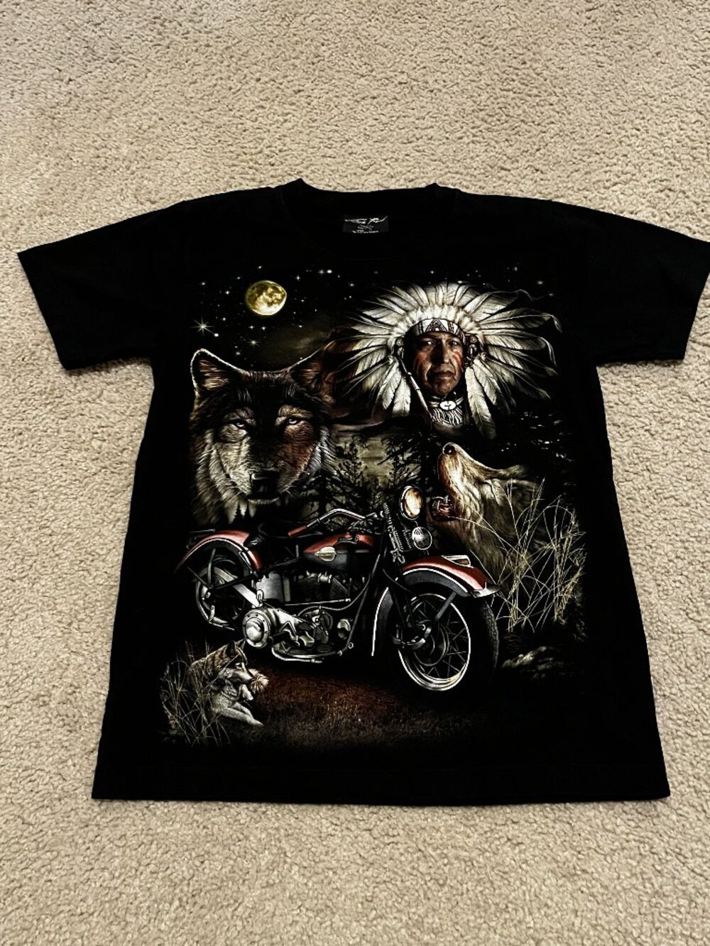 Jay's Rock Native American Wolf Motorcycle Graphic Tee Small Black Cotton